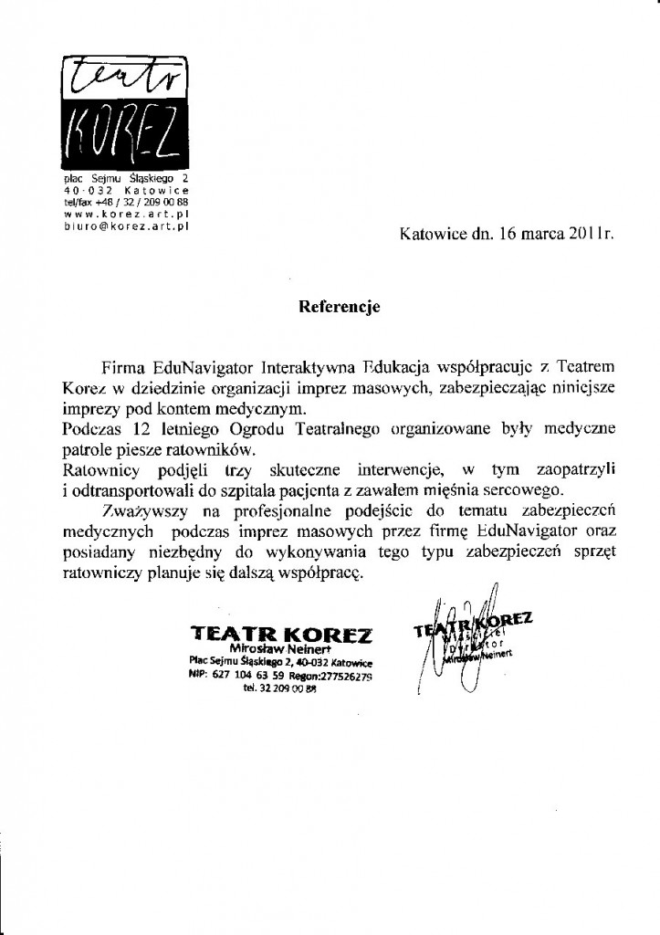 List referencyjny Teatru Korez w Katowicach